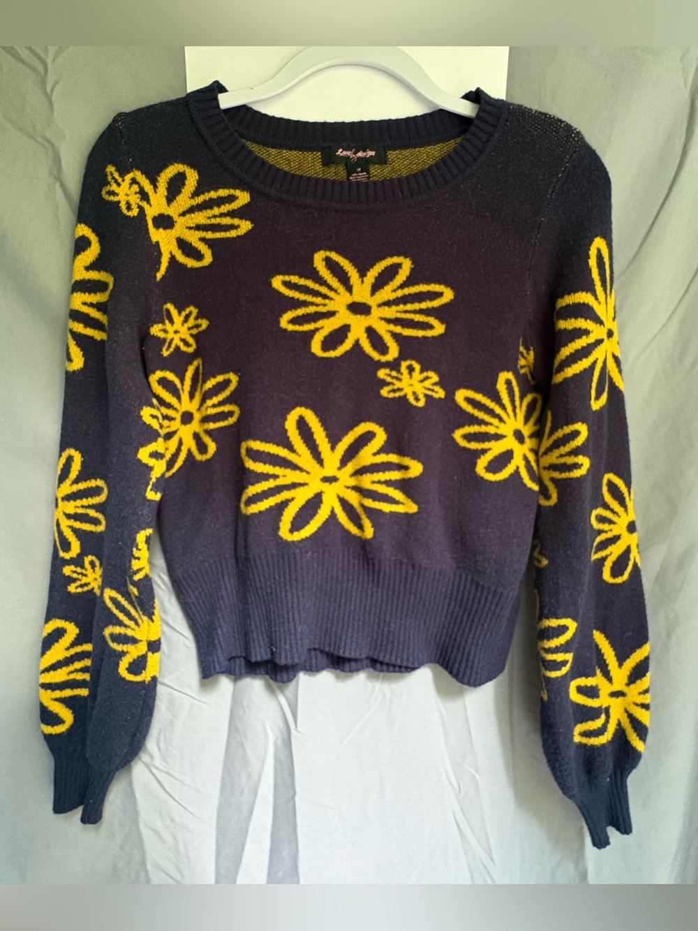 Love By Design Floral Pullover Sweater Navy Yellow Knit